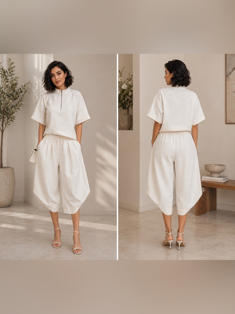 Relaxed Wide-Leg Crop Pants in Cream